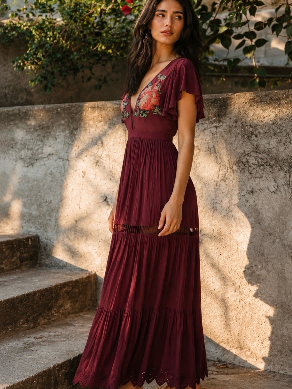 Cleobella Bohemian Embroidered V-Neck Maxi Dress in Burgundy